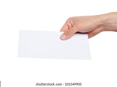 Hand Giving A Blank Envelope Isolated On White Background