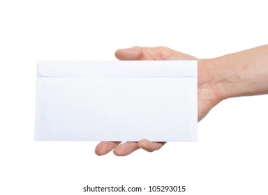 Hand Giving A Blank Envelope Isolated On White Background