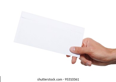 Hand Giving A Blank Envelope Isolated On White Background