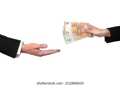 Hand Giving Money And Hand Taking Money Isolated On White Background. Lending Money