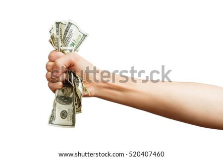 Hand giving money - United States Dollars (or USD). Hand holding Banknotes. Hands holding a $ 100 bill. Isolated on white background. Alpha.