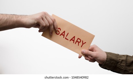 Hand Giving And Receiving Mail With Salary On The White Background. Salary Payment And Cheque Concept