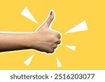 A hand giving a thumbs up on a yellow background. The thumbs up is a symbol of business, approval or agreement. Collage art