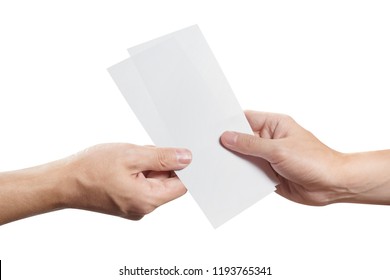 Hand Giving Two Blank Sheets Of Paper (tickets, Flyers, Invitations, Coupons, Money, Etc.), Isolated On White Background