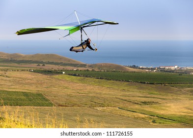 Hand Gliding Up To Yellow Green Meadow Near The Sea