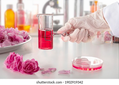 A hand in a glove holding a clip with a test tube in up-to-date perfume laboratory. Background blurred
