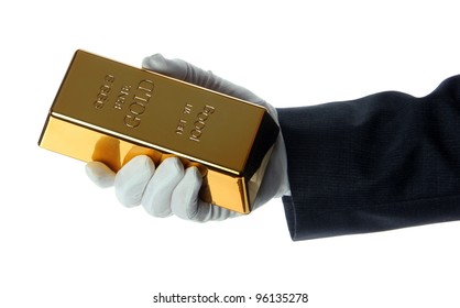 Hand With Glove Holding A Gold Bullion