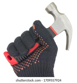 Hand In Glove Holding Hammer On A White Background