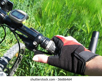 Hand in a glove on the handlebar of a mountain bike