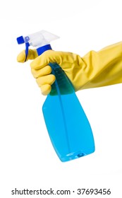 Hand In Glove With Spray Bottle On White Background