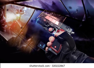 Hand in gloves holding a reloading handgun. First person view hand in black leather gloves holding a futuristic neon fantasy reloading handgun with neon red and blue indicators.