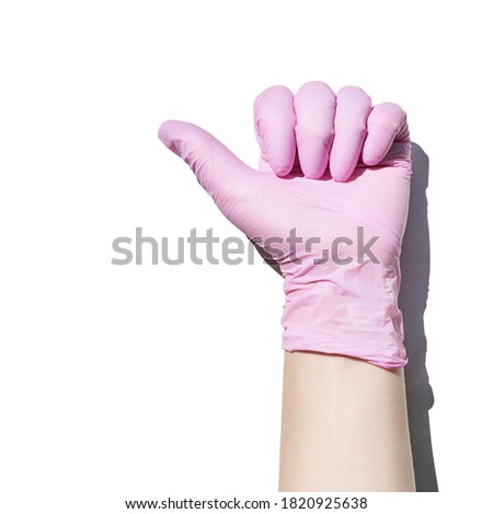 Hand in gloves holding test tube. Medical equipment. Hospital or clinic doctor arm. Healthcare science concept. White isolated background. Pink color. Empty sample. Copyspace. DNA analyze research
