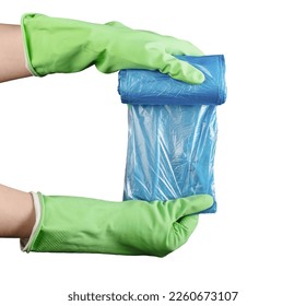 Hand in gloves with plastic bag for garbage, trash, waste, polythene pack roll isolated on white. - Powered by Shutterstock