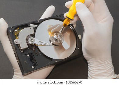  Hand With Gloves Repairs Hard Drive ,data Recovery Concept