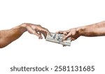 Hand of God hands Adam American dollars as humorous financial concept of investments and donations.