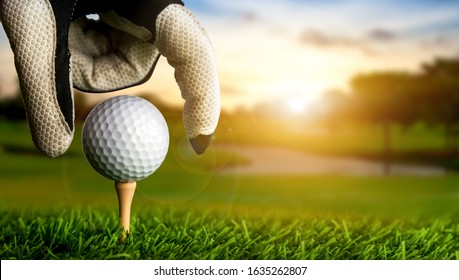 Hand of golfer putting golf ball on the tee.