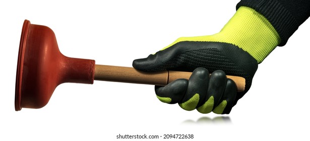 Hand with green and black protective work glove, holding a red rubber plunger with wooden handle, isolated on white background with copy space and reflections.