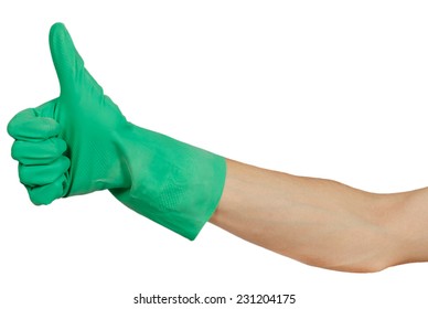Hand In Green Rubber Glove Show Thumbs Up Isolated On White Background