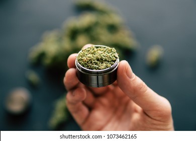 In Hand A Grinder To Grind Marijuana Weed Against A Background Of Flowers Of Cannabis And Scales And Joint Top View Close Up