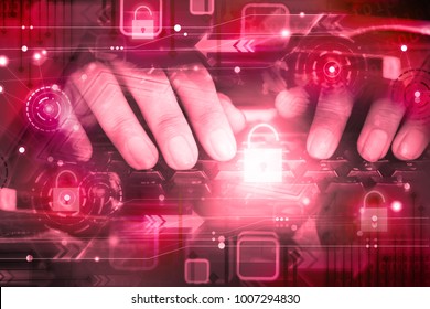 Hand Of Hacker On Computer Keyboard With Unlocked Icon ,cyber Attack, Unsecured Network ,internet Security ,digital Forensic Concept In Red Background 