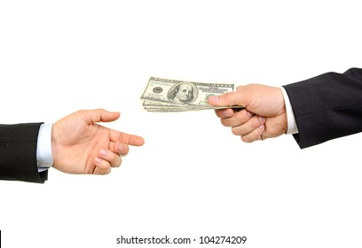 Hand Handing Over Money To Another Hand Isolated On White Background