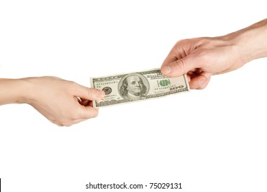 Hand Handing Over Money To Another Hand Isolated On White Background