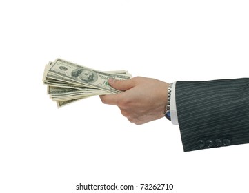 Hand Handing Over Money Isolated On White Background