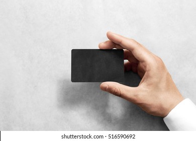 Hand Hold Blank Black Craft Card Mockup With Rounded Corners. Plain Kraft Call-card Mock Up Template Holding Arm. Hand Made Namecard Display Front. Check Offset Card Design. Business Branding.