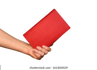 Hand hold blank red hardcover book on white background. Studying and reading business textbook. Education.  