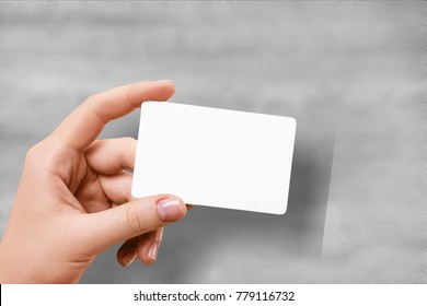 Hand Hold Blank Translucent Card Mockup With Rounded Corners. Plain Clear Call-card Mock Up Template Holding Arm. Plastic Transparent Acrylic Namecard Display Front.