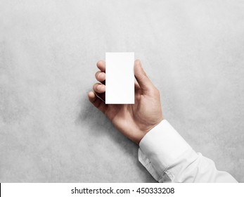 Hand Hold Blank Vertical White Business Card Design Mockup. Plain Calling Card Mock Up Template Holding Arm. Visit Pasteboard Paper Display Front. Small Offset Clear Card Print. Company Logo Branding