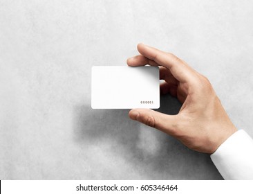 Hand Hold Blank White Loyalty Card Mockup With Rounded Corners. Plain Vip Mock Up Template Holding Arm. Plastic Discount Namecard Display Front. Gift Offset Card Design. Loyal Service Branding.