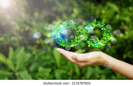 hand hold the circular economy icon. The concept of eternity, endless and unlimited on nature background, circular economy for future growth of business and environment sustainable                    