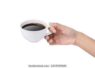Hand hold cup of black coffee isolated on white background.