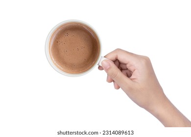 Hand hold cup of hot chocolate cocoa drink isolated on white background. Top view. Flat lay.  - Powered by Shutterstock