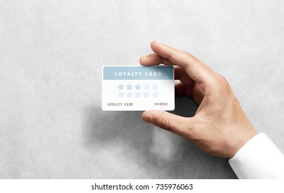 Hand hold discount card template with rounded corners. Plain reward namecard mock up holding arm. Plastic loyalty program mockup with points display. Gift offset card design. Loyal service branding.