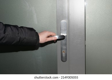 Hand Hold Door Handle. Holding Doorknob, Business Person Opens Glass Door, Office Street Enter