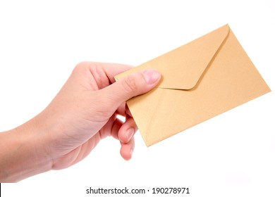 hand hold envelope isolated on white background