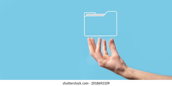 Hand hold folder icon.Document Management System or DMS setup by IT consultant with modern computer are searching managing information and corporate files.Business processing. - Shutterstock ID 2018692109