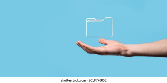 Hand hold folder icon.Document Management System or DMS setup by IT consultant with modern computer are searching managing information and corporate files.Business processing. - Shutterstock ID 2019776852