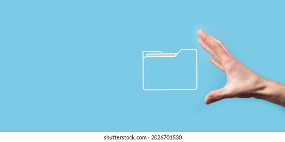 Hand hold folder icon.Document Management System or DMS setup by IT consultant with modern computer are searching managing information and corporate files.Business processing. - Shutterstock ID 2026701530