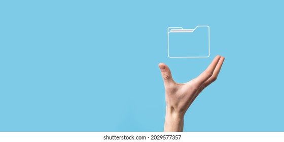 Hand hold folder icon.Document Management System or DMS setup by IT consultant with modern computer are searching managing information and corporate files.Business processing. - Shutterstock ID 2029577357