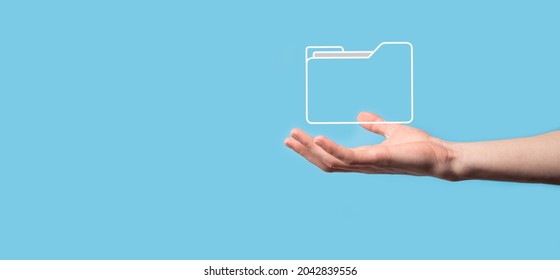 Hand hold folder icon.Document Management System or DMS setup by IT consultant with modern computer are searching managing information and corporate files.Business processing. - Shutterstock ID 2042839556
