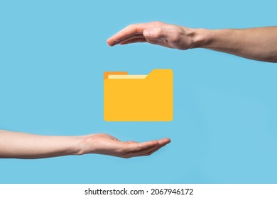 Hand hold folder icon.Document Management System or DMS setup by IT consultant with modern computer are searching managing information and corporate files.Business processing.