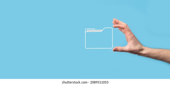 Hand hold folder icon.Document Management System or DMS setup by IT consultant with modern computer are searching managing information and corporate files.Business processing. - Shutterstock ID 2089511053