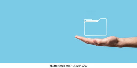 Hand hold folder icon.Document Management System or DMS setup by IT consultant with modern computer are searching managing information and corporate files.Business processing. - Shutterstock ID 2132345709