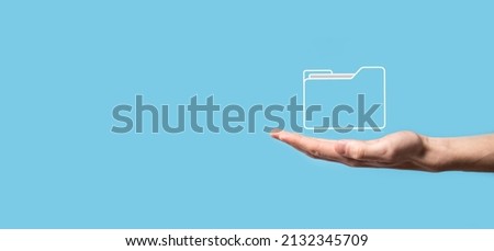 Hand hold folder icon.Document Management System or DMS setup by IT consultant with modern computer are searching managing information and corporate files.Business processing.