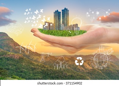 Hand hold green city, Save earth concept  - Shutterstock ID 371154902