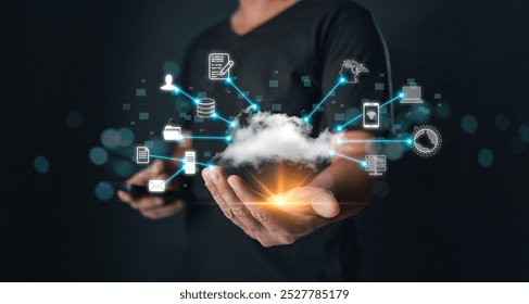 Hand hold icon cloud computing technology.data storage center system sharing management for upload download transfer.secure backup online digital networking and internet connection service concept.