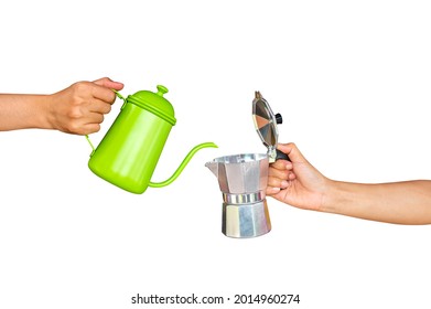 Hand hold kettle for making coffee by hand  isolated on white background - Powered by Shutterstock